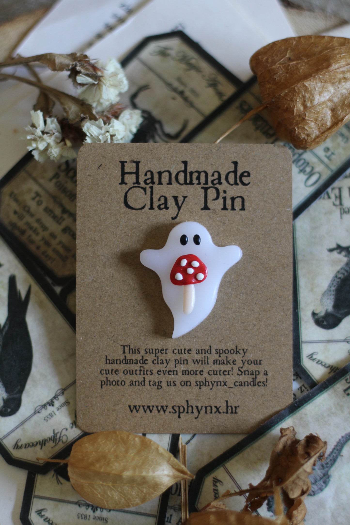 Ghost With Mushroom Clay Pin