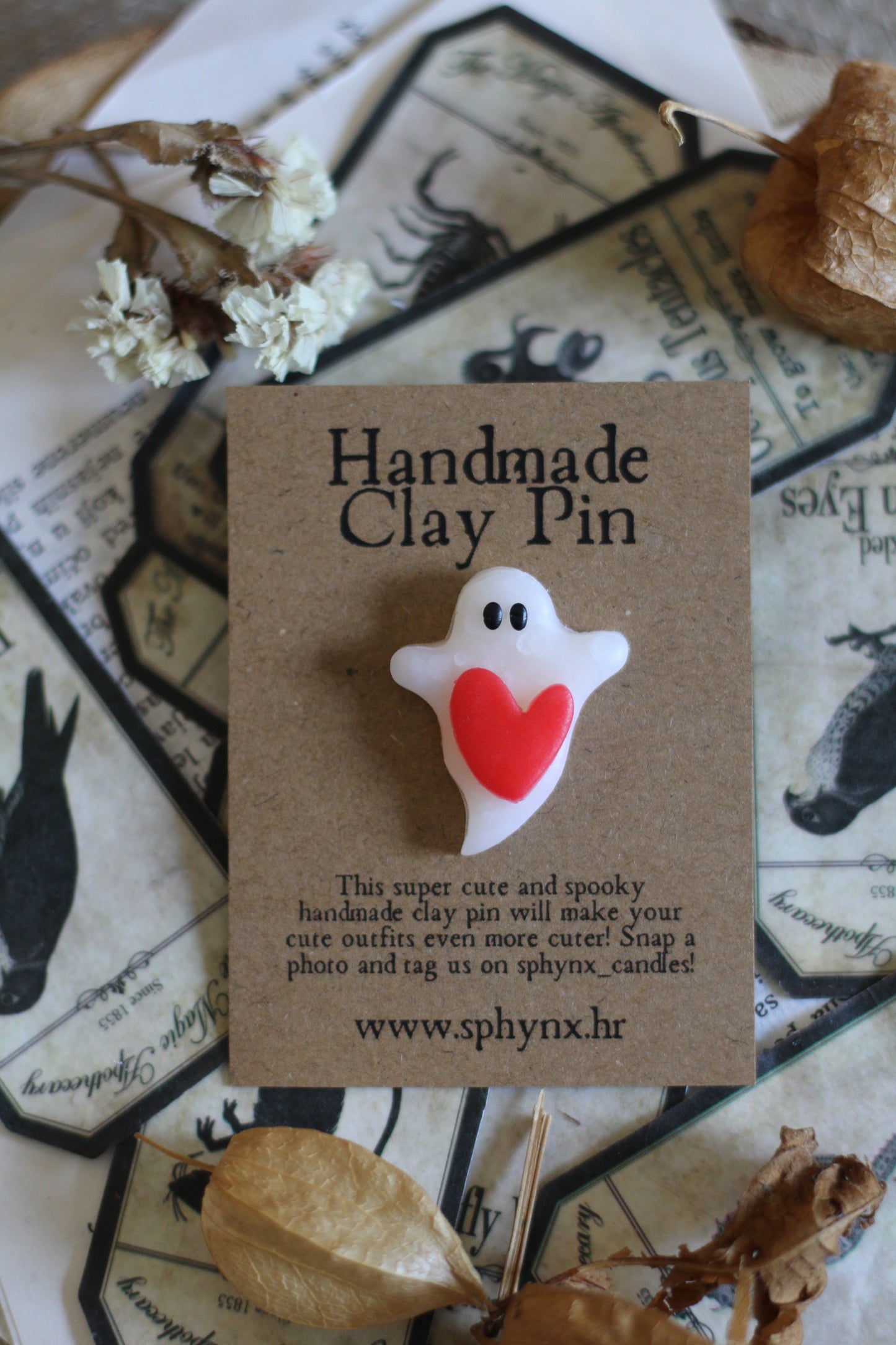 Ghost With Heart Clay Pin